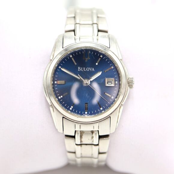 Bulova Womens Silver Tone Blue 26mm Date Watch 5.5" Steel Bracelet w New Battery - Picture 1 of 13
